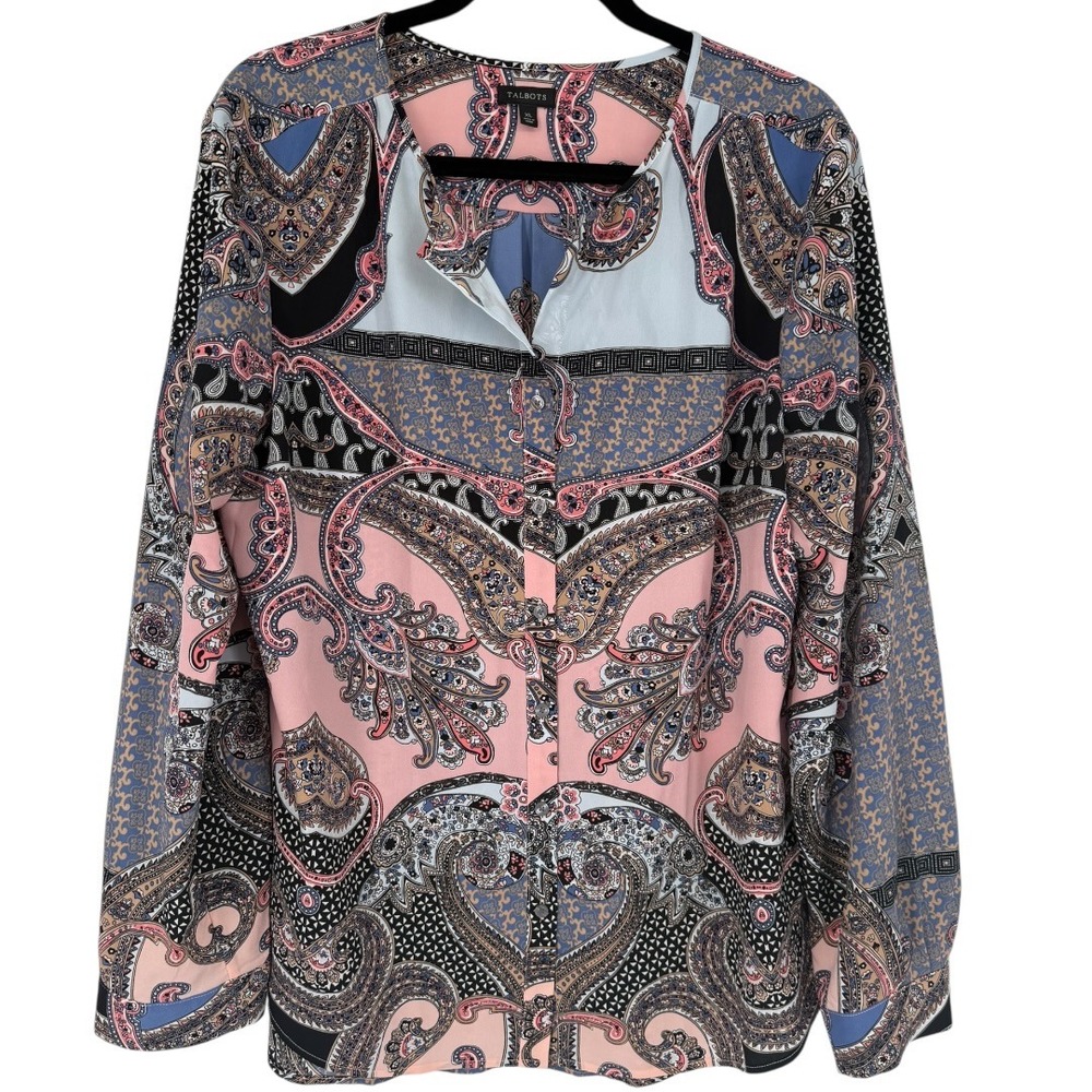Talbotsโ Womens Paisley Button Up Long Sleeve Split Neck Blouse Top Size XL Boho